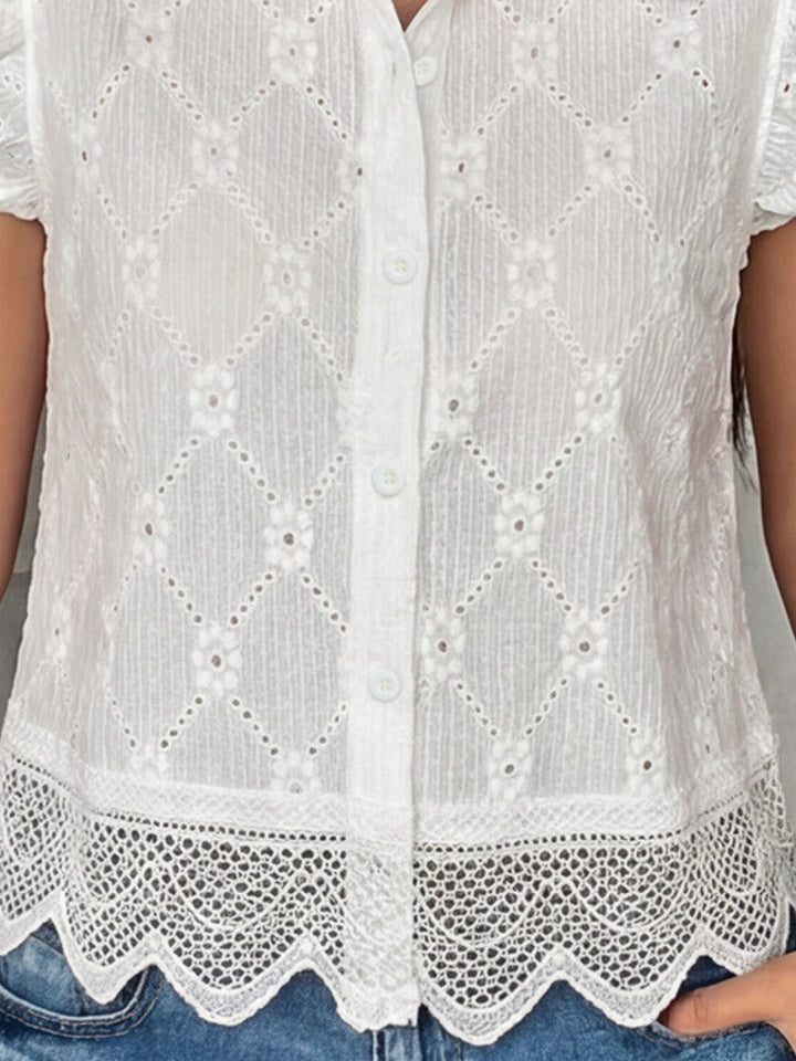 White Ruffle Sleeve Schiffli Top