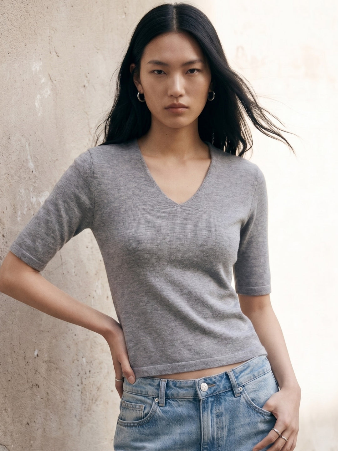 Grey V Notch Neck Fitted Top