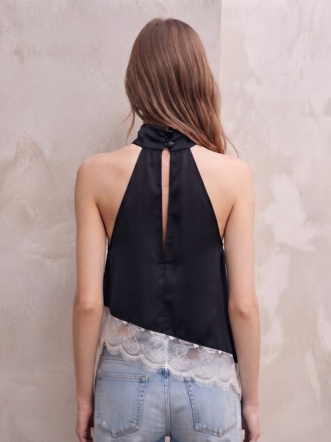 Black Halter Neck Top With Lace Asymmetric Hem