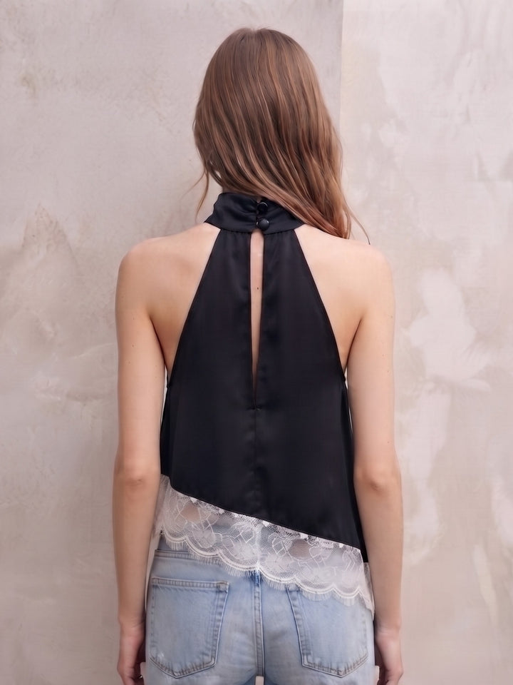 Black Halter Neck Top With Lace Asymmetric Hem