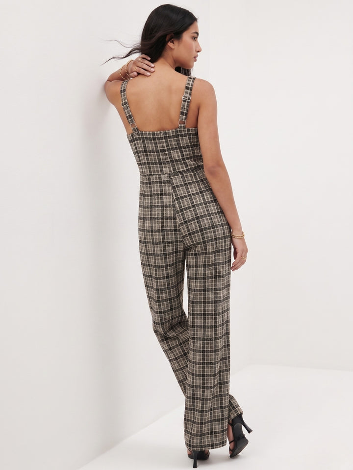 Grey Shoulder Strap Checkered Jumpsuit