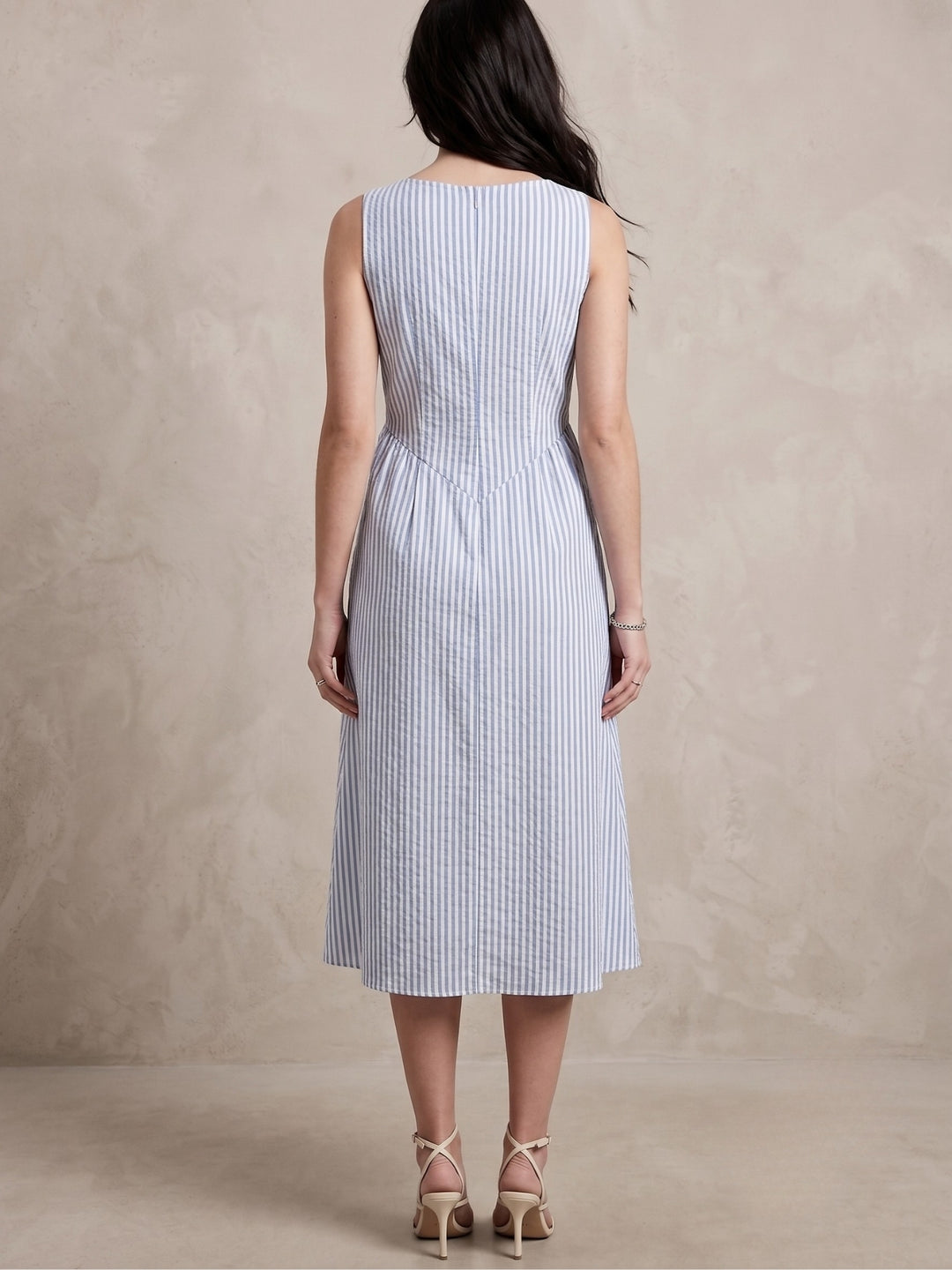Blue Boat Neck Striped Dress With Dro Pdown Waistline
