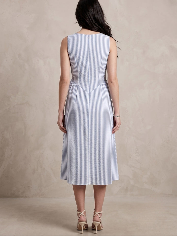 Blue Boat Neck Striped Dress With Dro Pdown Waistline
