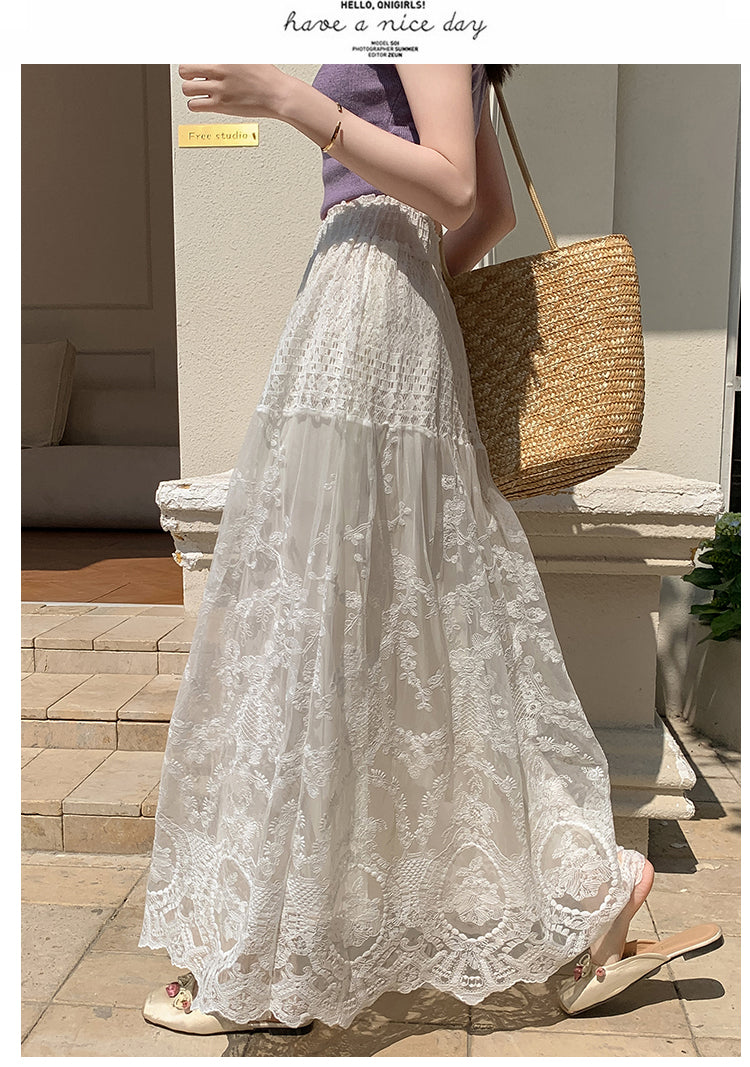 Cream Sheer Lace Long Skirt