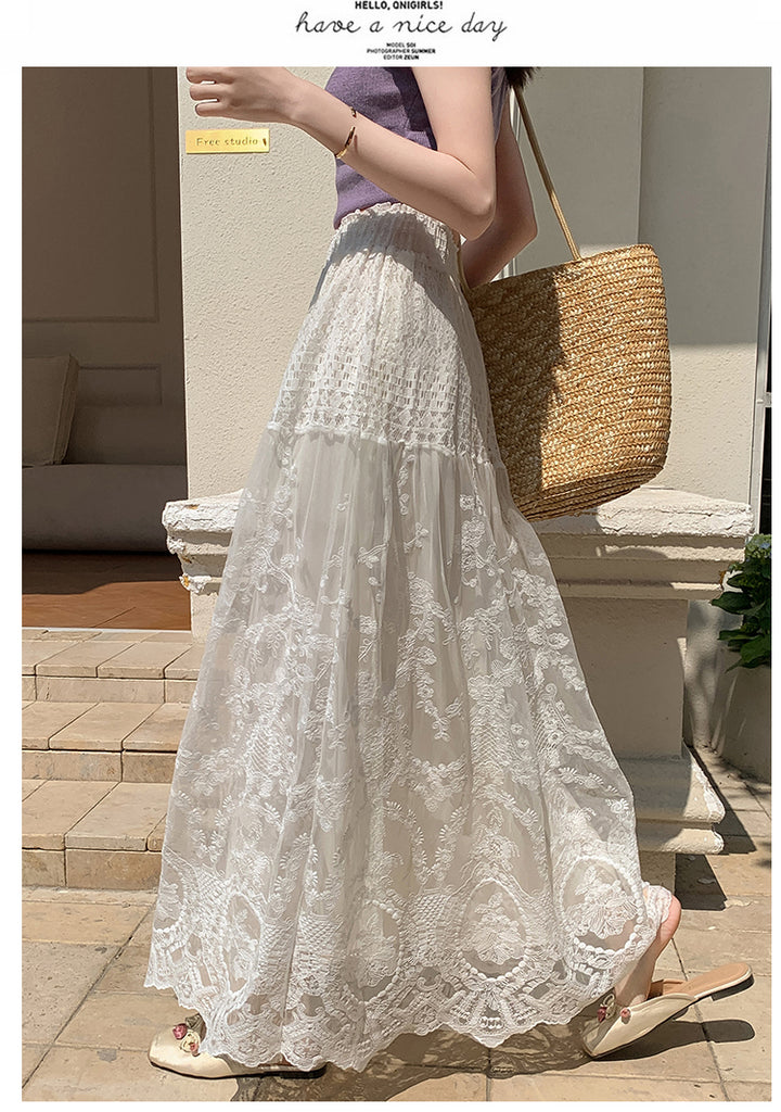 Cream Sheer Lace Long Skirt