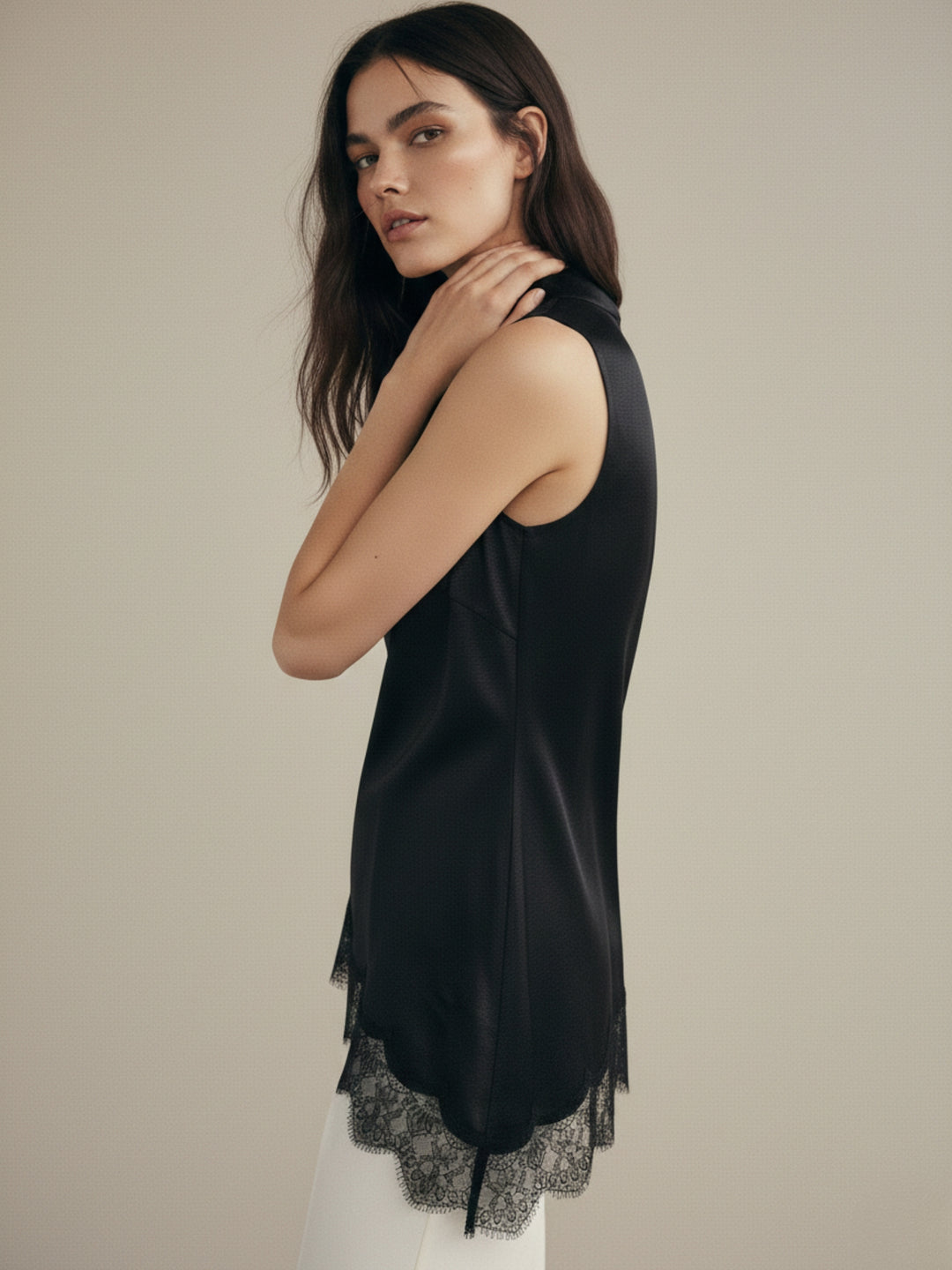 Black Mock Neck Lace Hem Top
