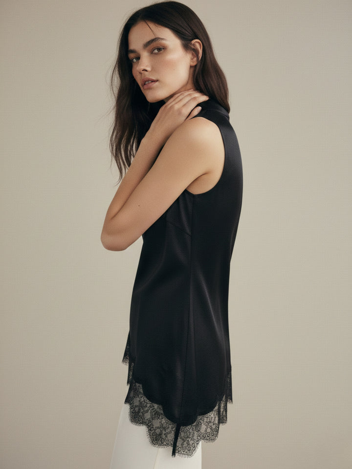 Black Mock Neck Lace Hem Top