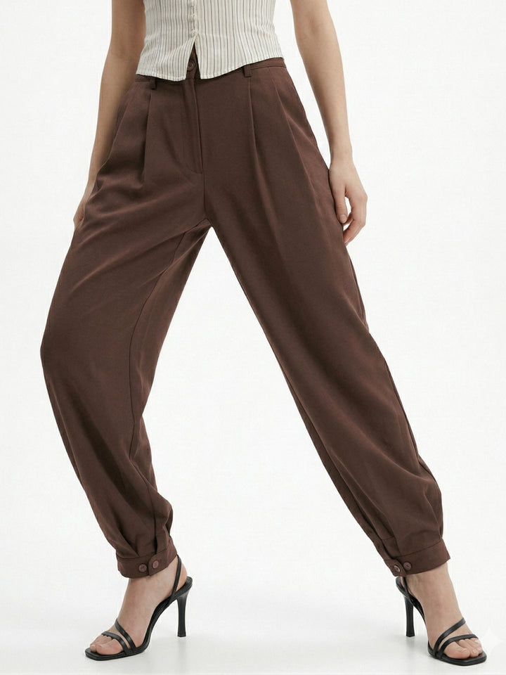 Brown High Waist Pleated Ankle Length Trousers