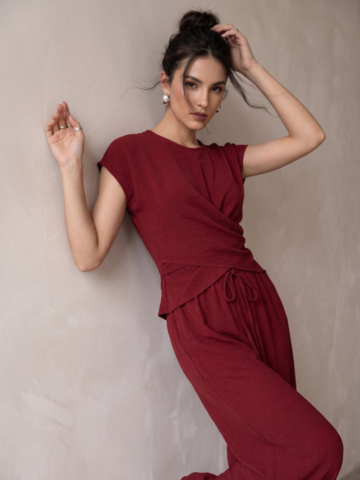 Maroon Wrap Hem Detail Top With Wide Leg Pants Co-Ord Set