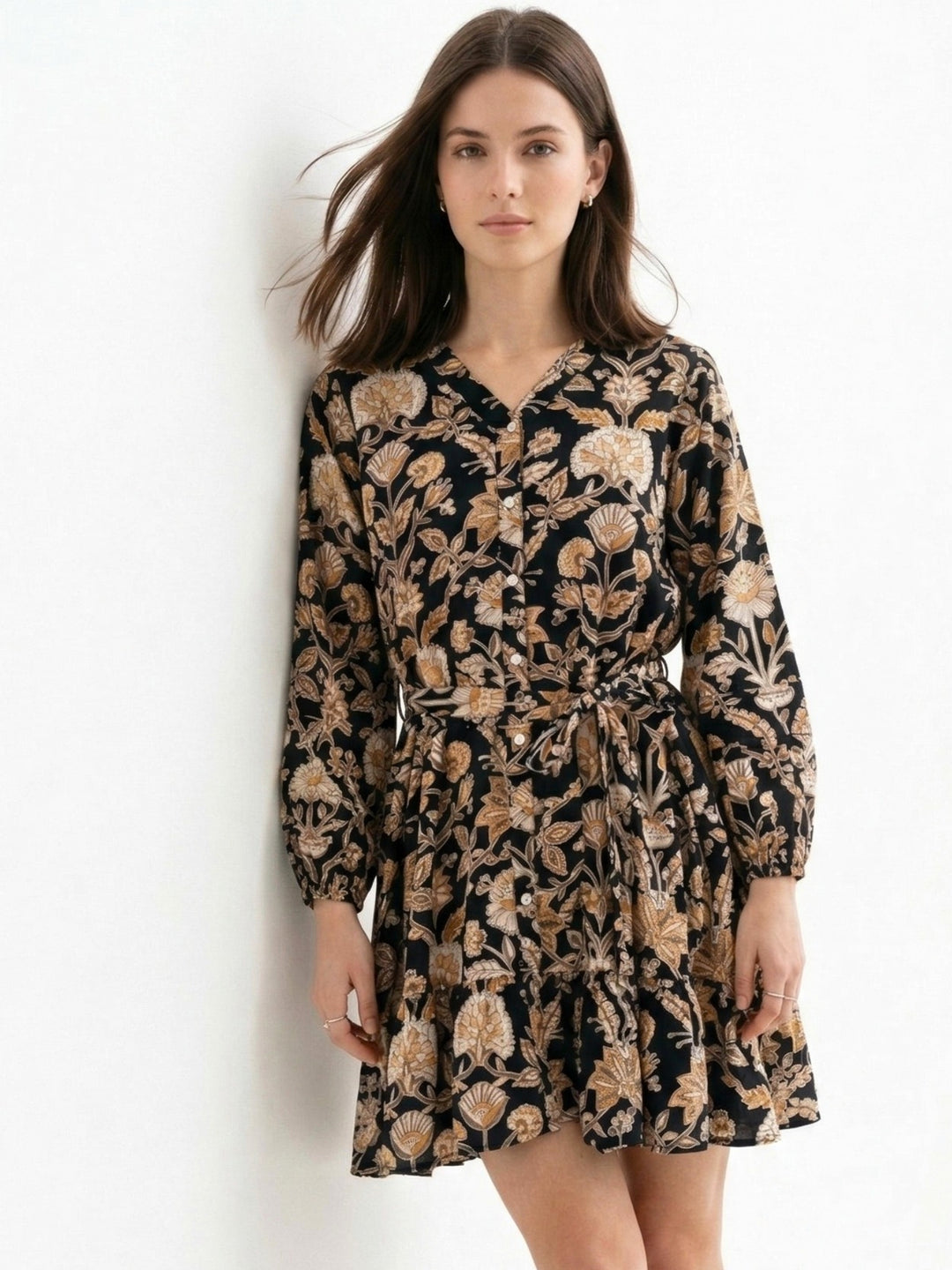 Black V Neck Printed Tier Dress With Belt