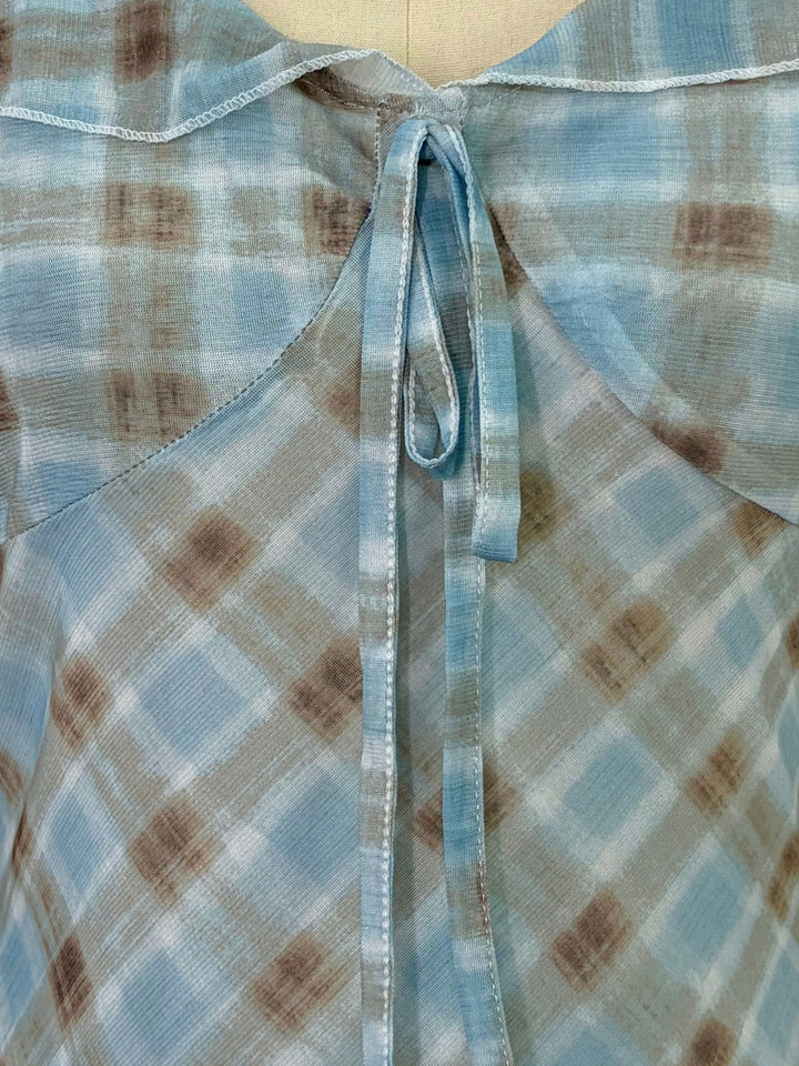 Light Blue Checkered Maxi Dress With Ruffled Neck