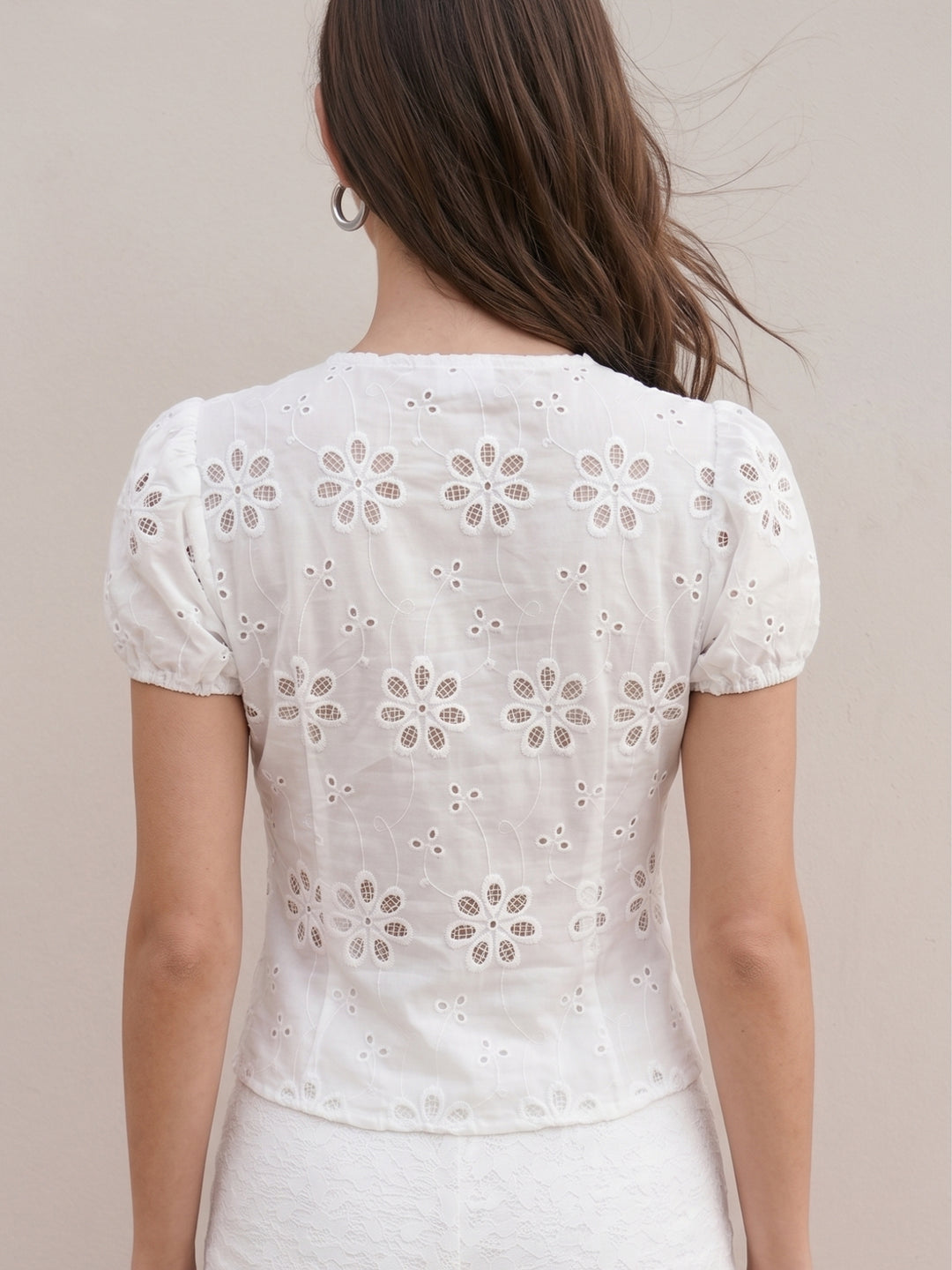 White Scallop Neck Schiffli Blouse