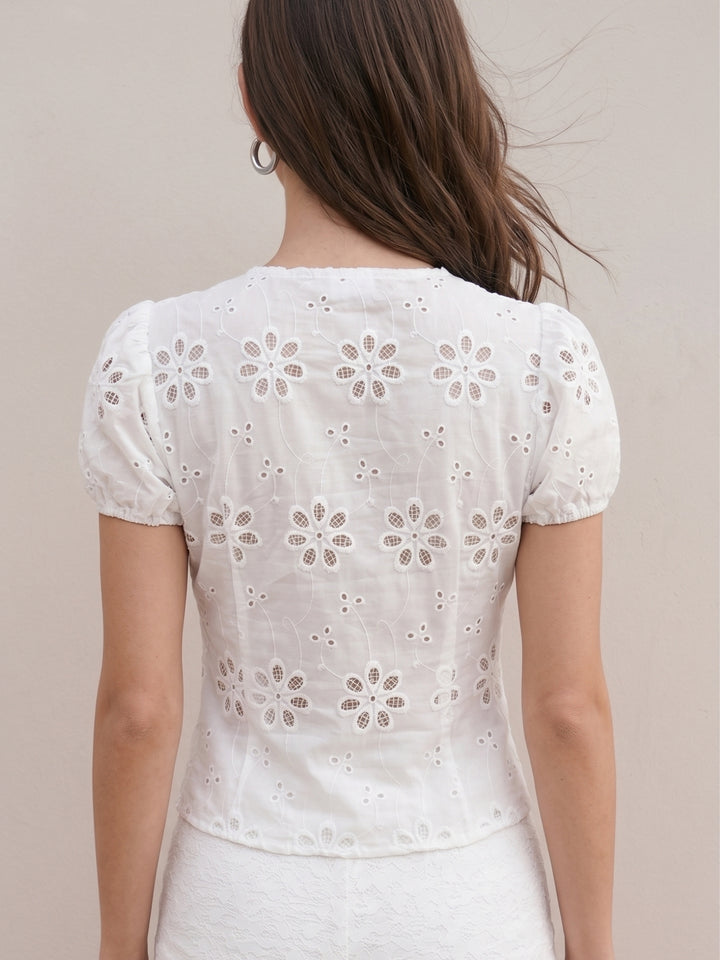 White Scallop Neck Schiffli Blouse