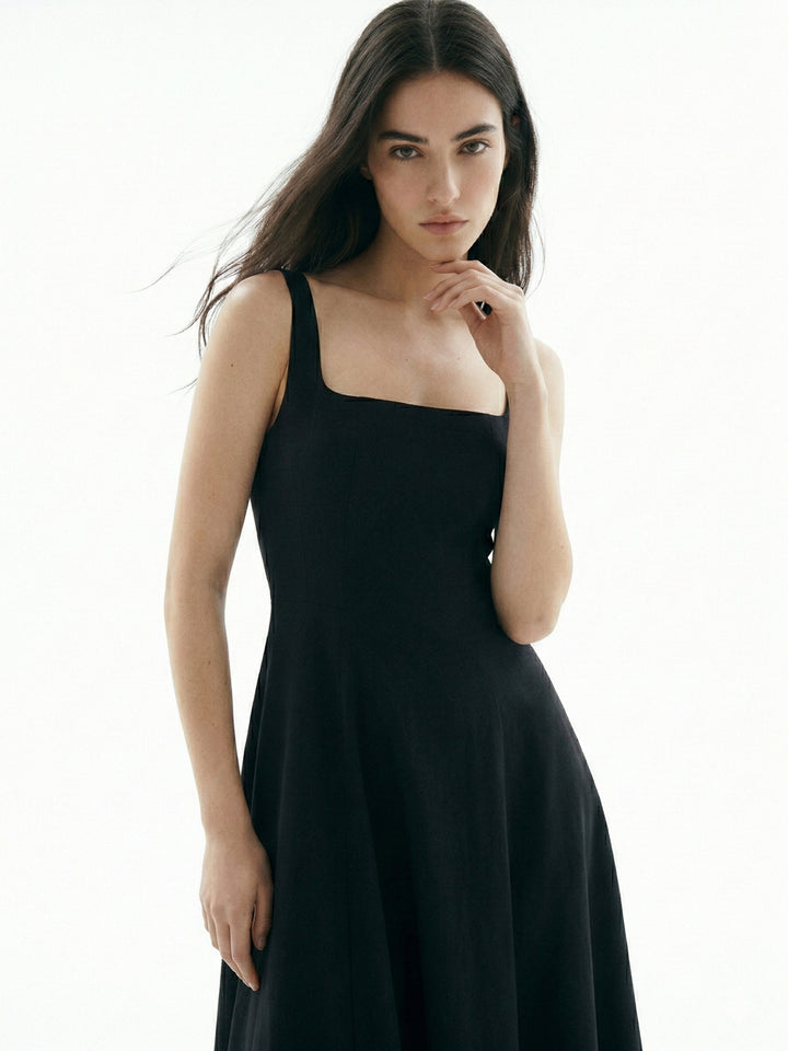Black Square Neck Flared Dress