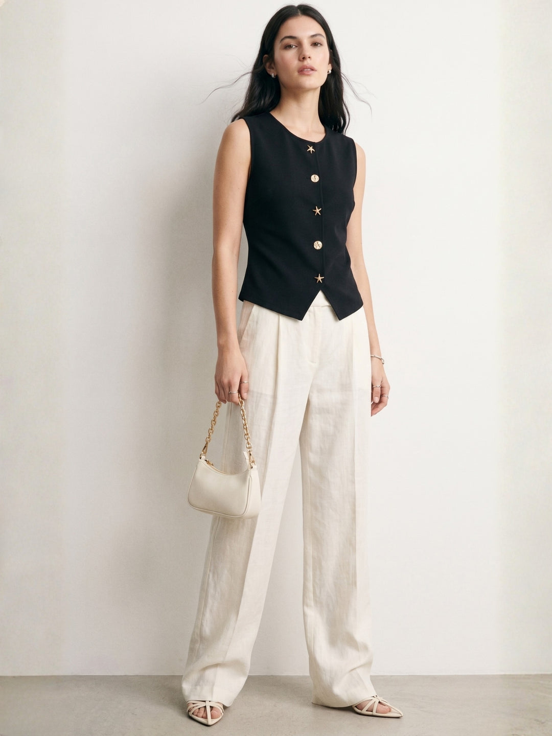 Black Sleeveless Vest With Star-Shaped Buttons
