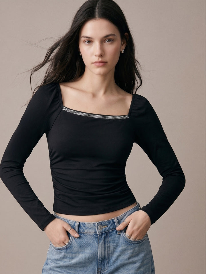 Black Square Studded Neck Top With Sheer Sleeves