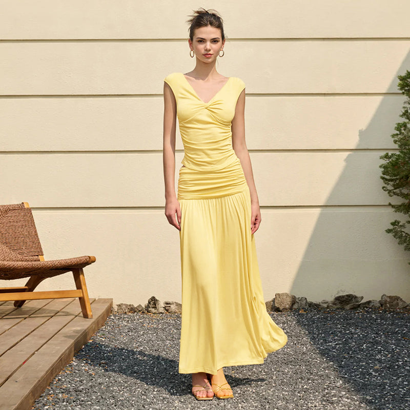 Yellow Short Sleeve V Neck Top And Skirt Set