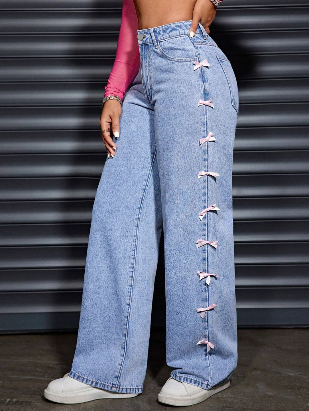 Blue Side Seam Bow Detailed Denim