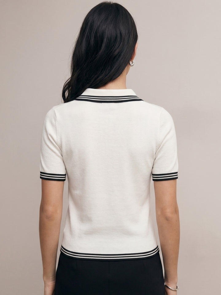White Contrast Striped Polo Collared Top