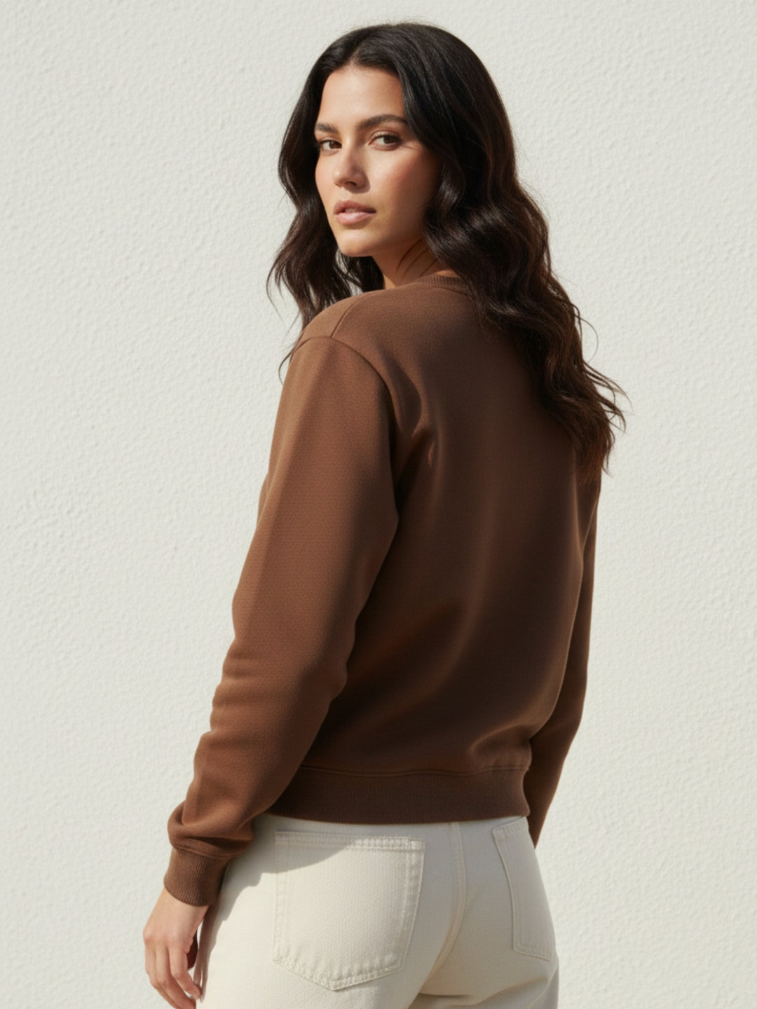 Brown Full Sleeve Crew Neck Typography Fleece Sweatshirt