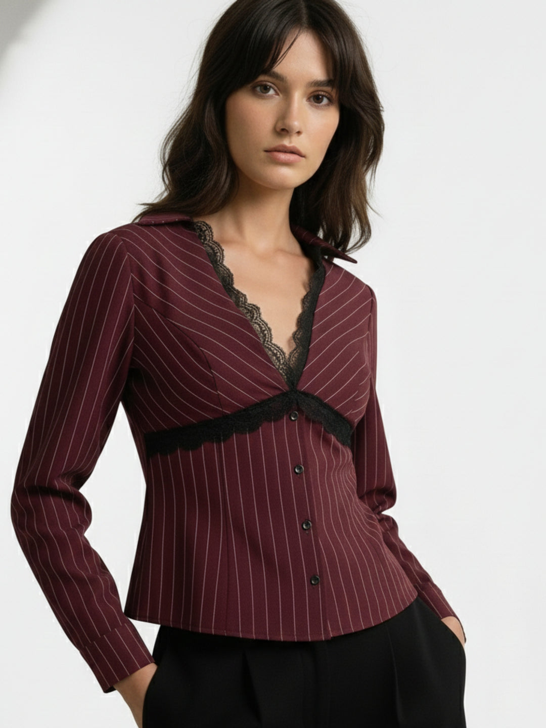 Burgundy V Neck Striped Shirt With Lace Empire Seam