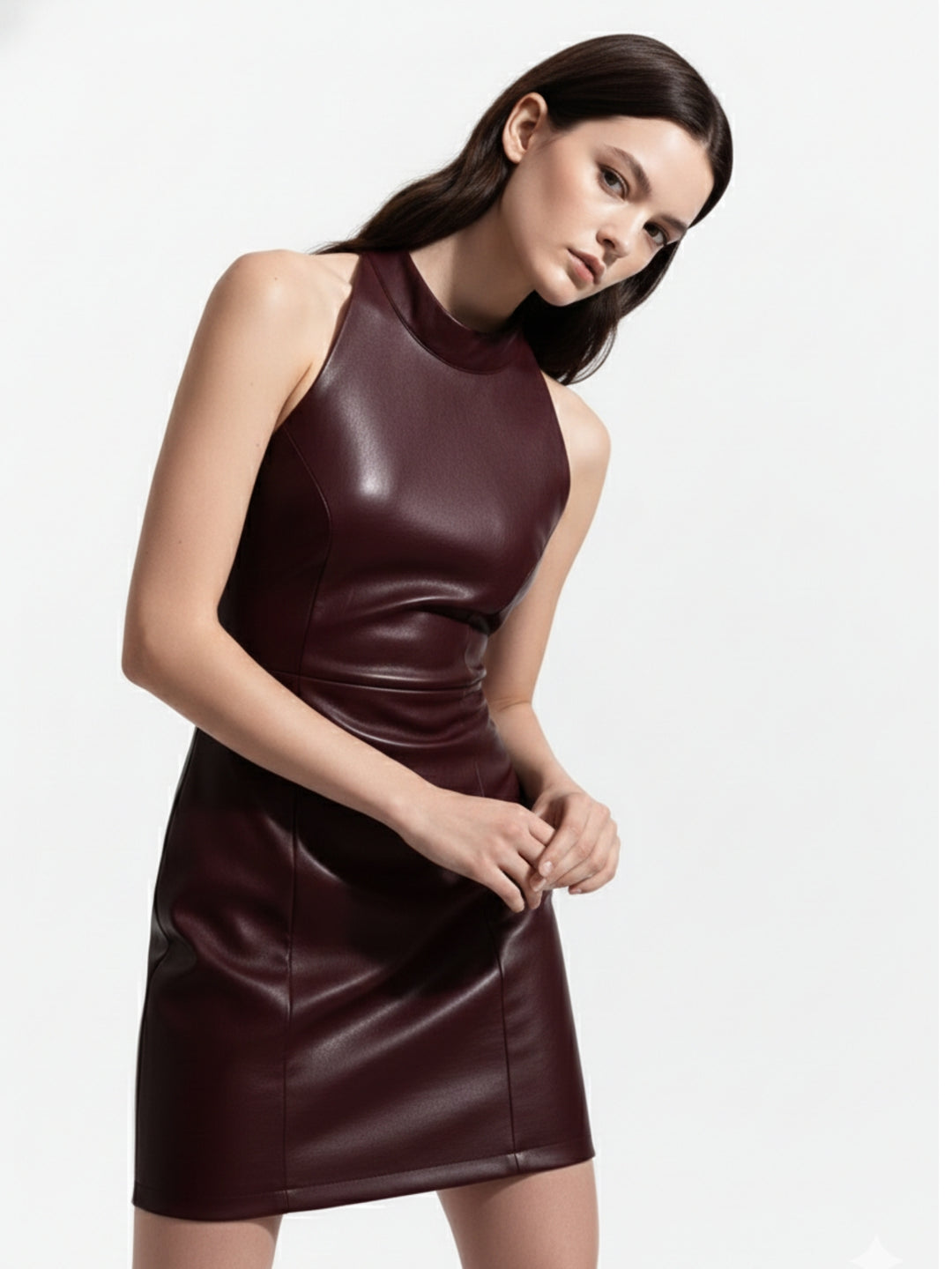 Burgundy Sleeveless Fitted Pu Dress