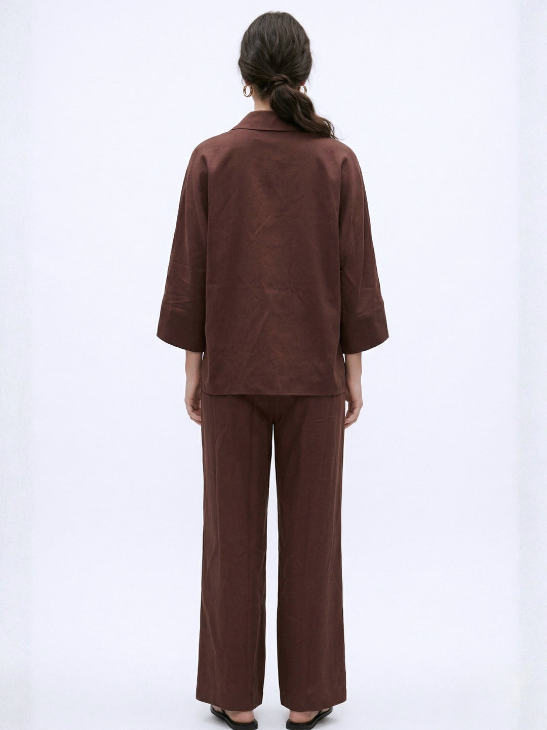 Brown Relaxed Sleeve Front Buttoned Shirt & Pant Set
