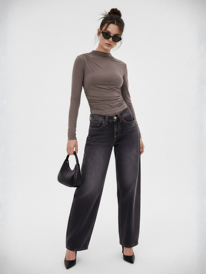 Brown One Side Ruched Fitted Top