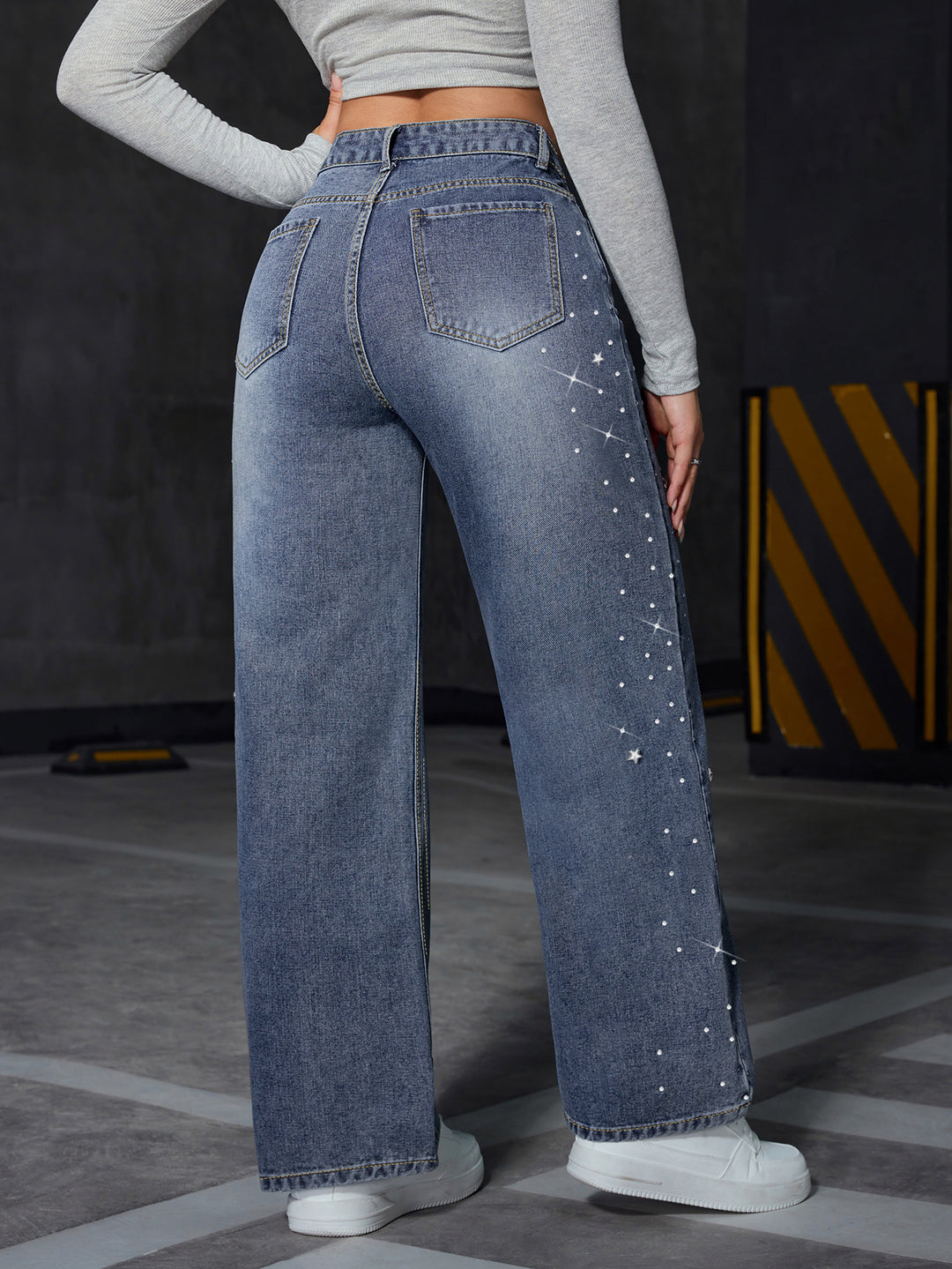 Blue Side Embellished Wide Leg Denim