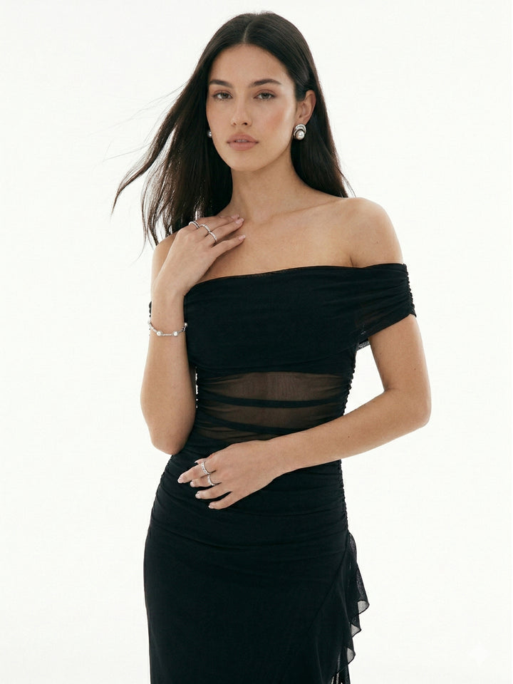 Black Off-Shoulder Ruffle Maxi Dress