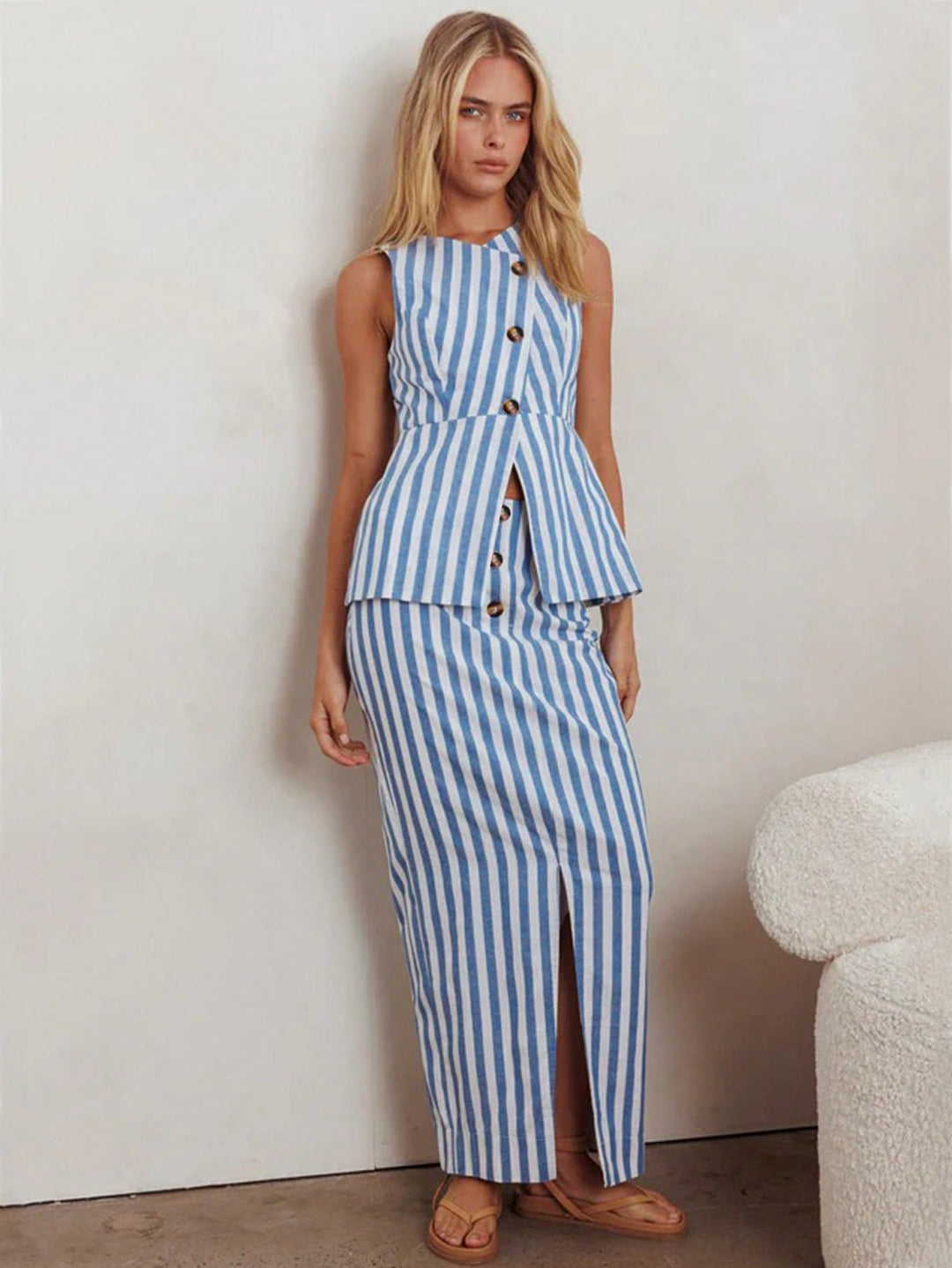 Blue Sleeveless Striped Vest And Skirt Set