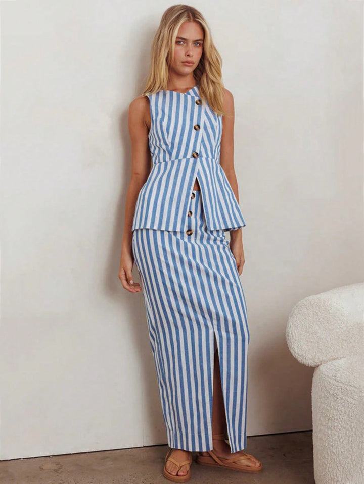 Blue Sleeveless Striped Vest And Skirt Set