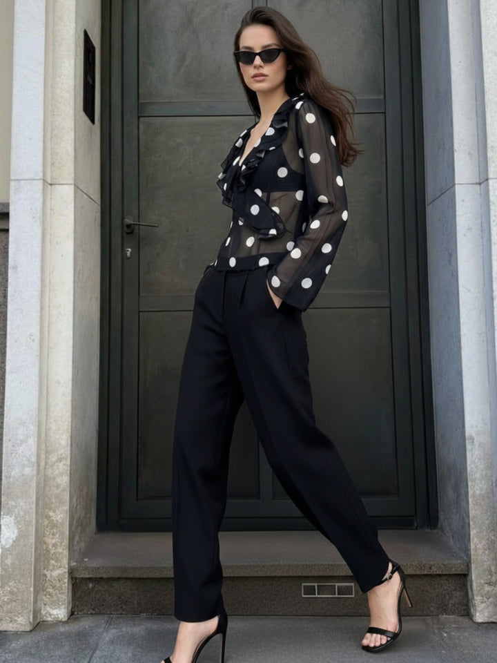 Black Bell Sleeve Polka Printed Top
