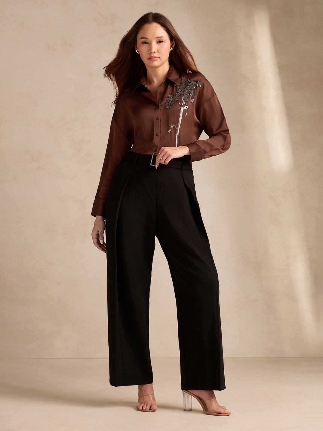 Brown Oversized Embroidered Satin Shirt