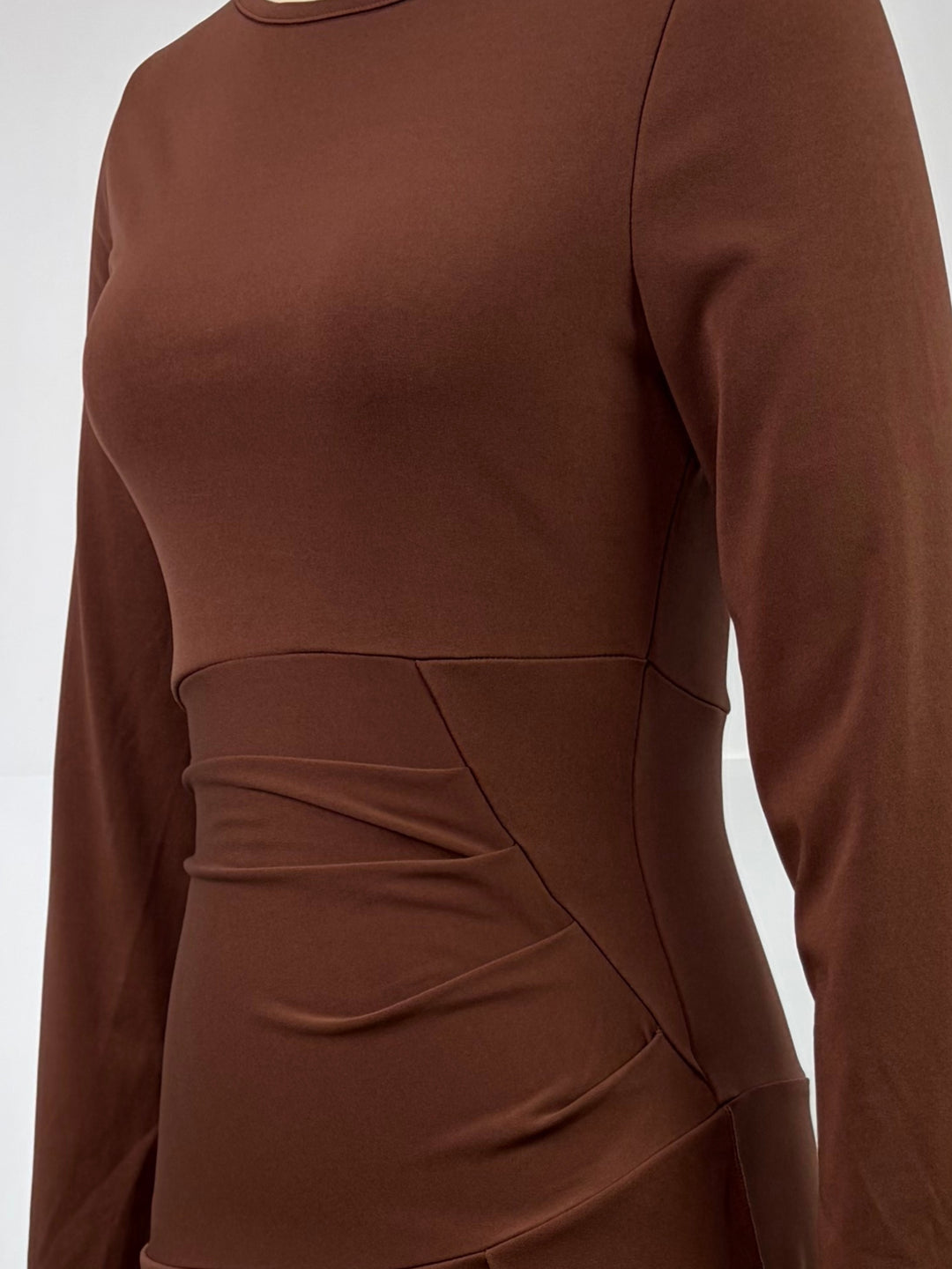 Brown High Neck Fitted Asymmetric Hem Solid Dress