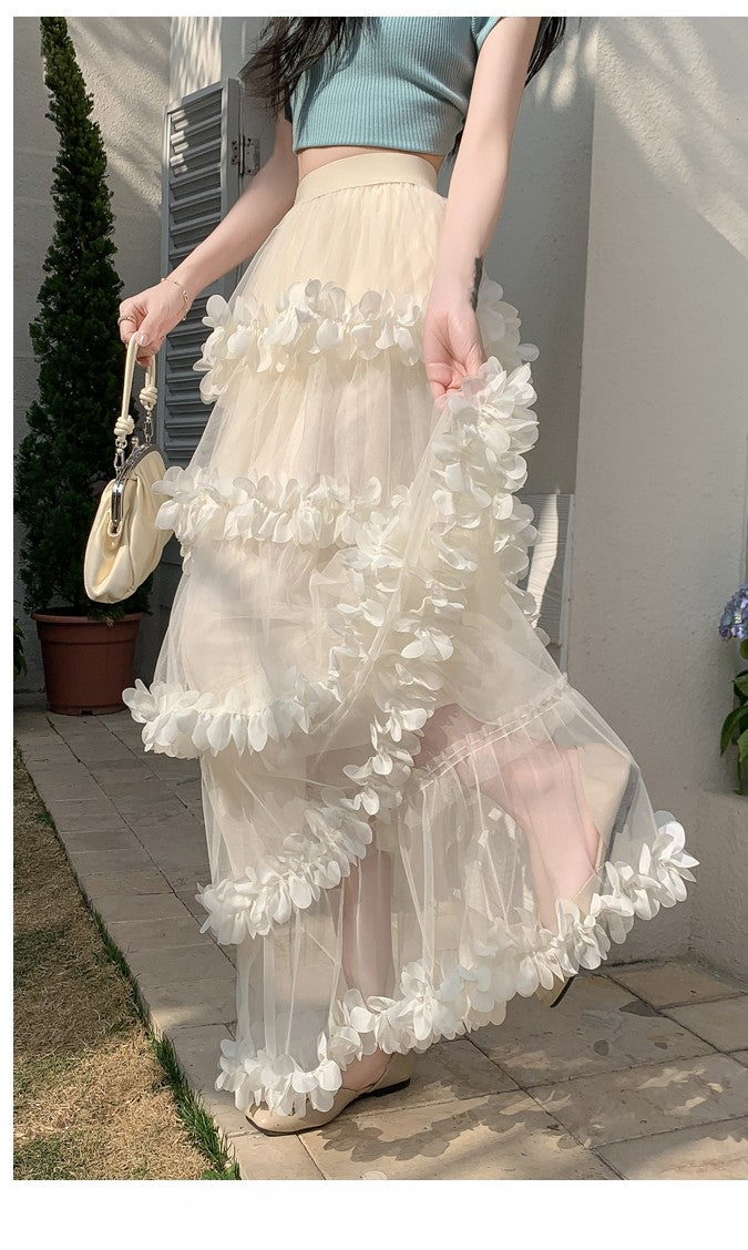 Cream Scrunched Ruffles Tiered Skirt