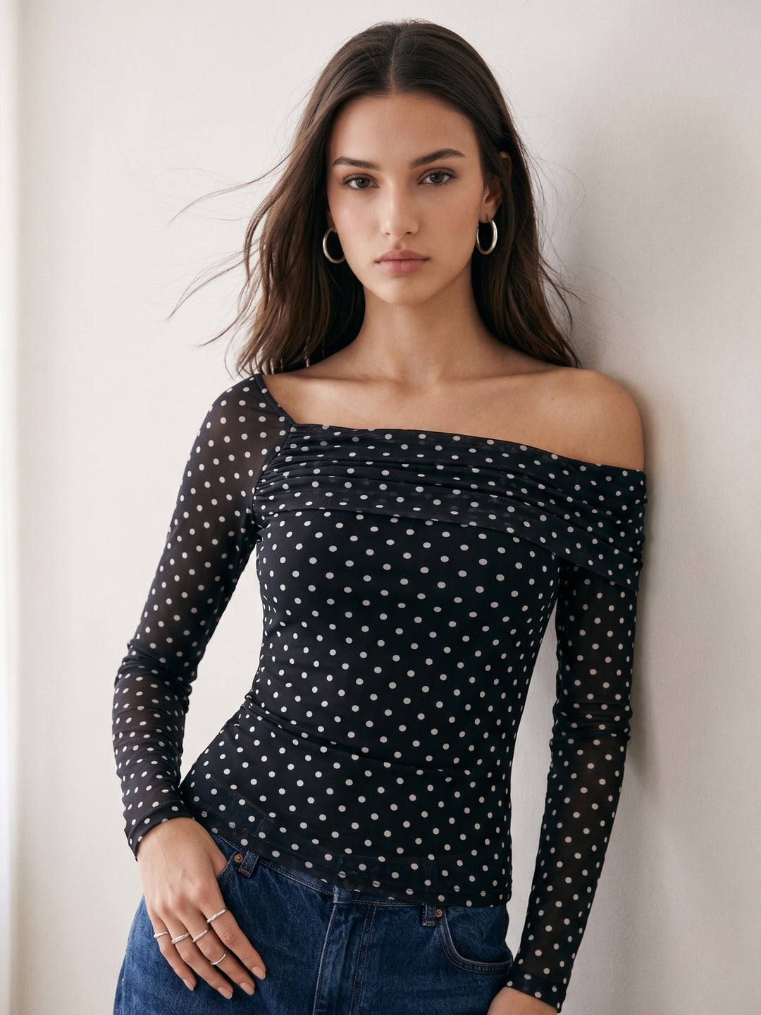 Black Polka Dot Assymetrical Off-Shoulder Top