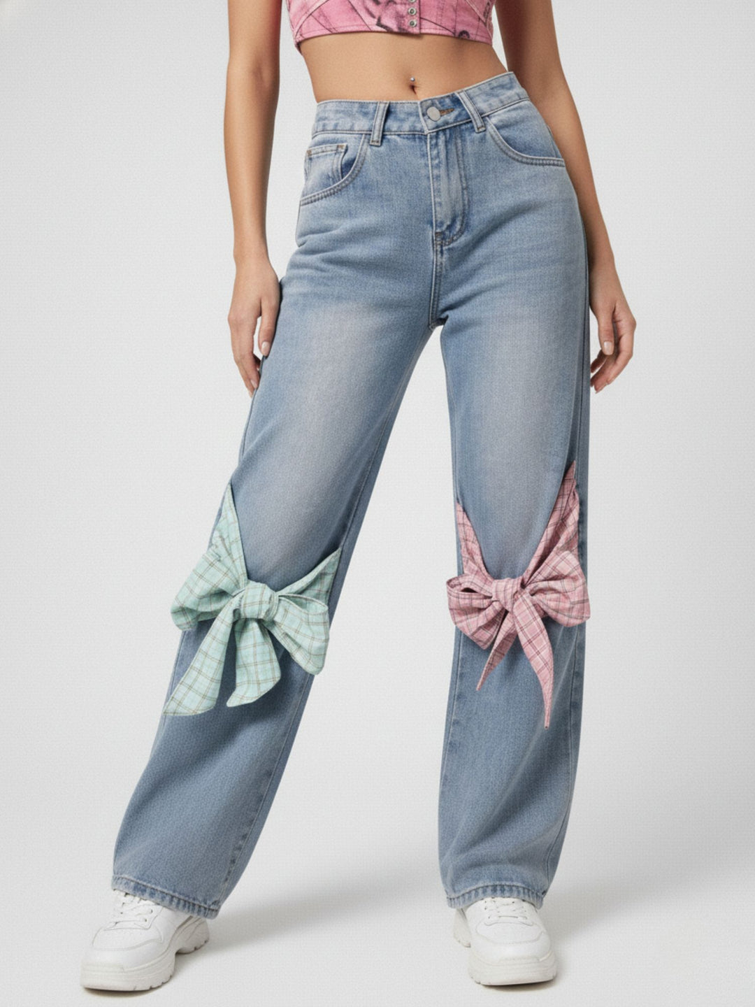 Blue 2 Contrast Bows Wide Leg Denim