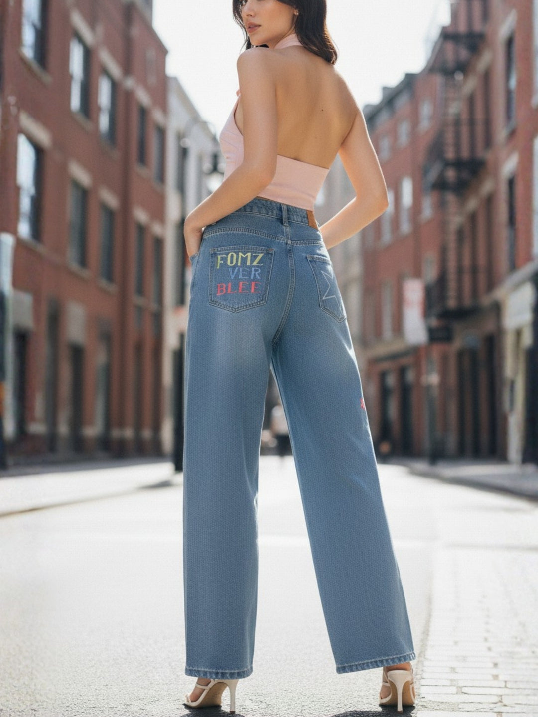 Light Blue Printed Washed Effect Jeans
