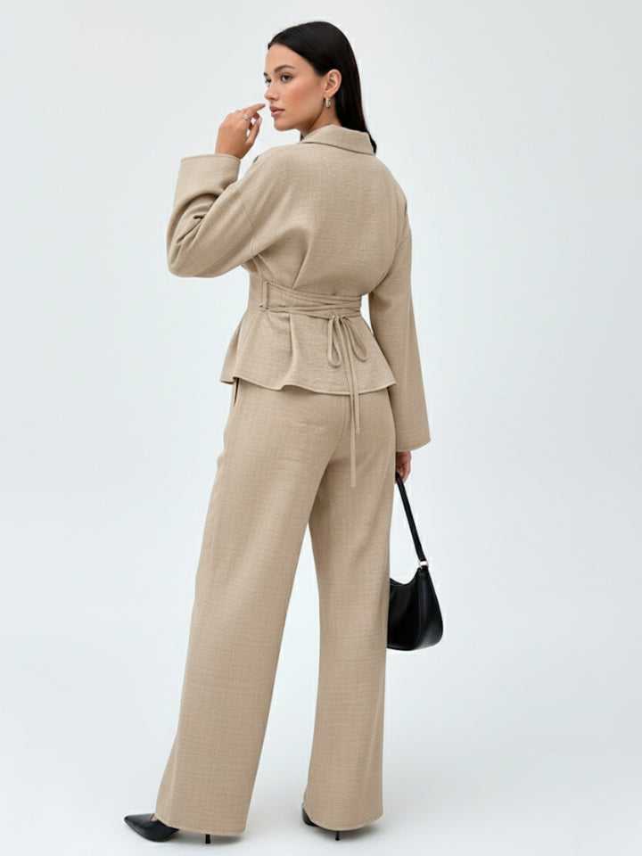 Beige Full Sleeve Fitted Shirt And Pant Set