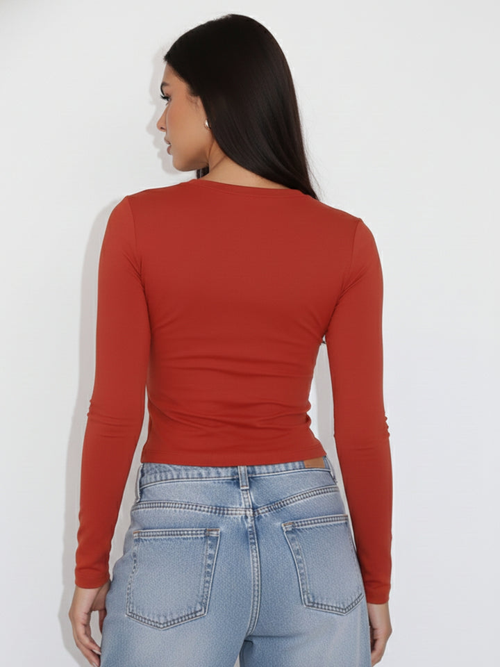 Red Full Sleeve Printed Fitted Top