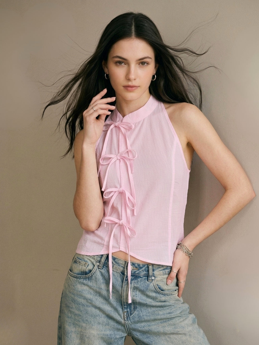 Pink Striped Halter Neck  Side Tie Asymmetric Blouse