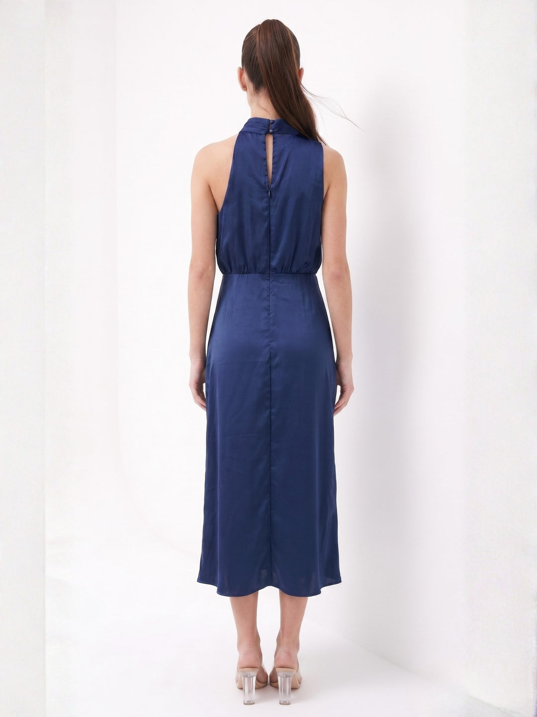 Navy Blue Mock Neck Flared Dress