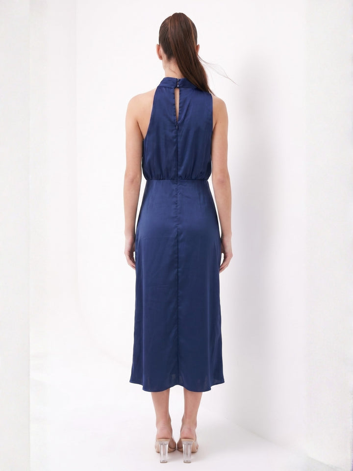 Navy Blue Mock Neck Flared Dress