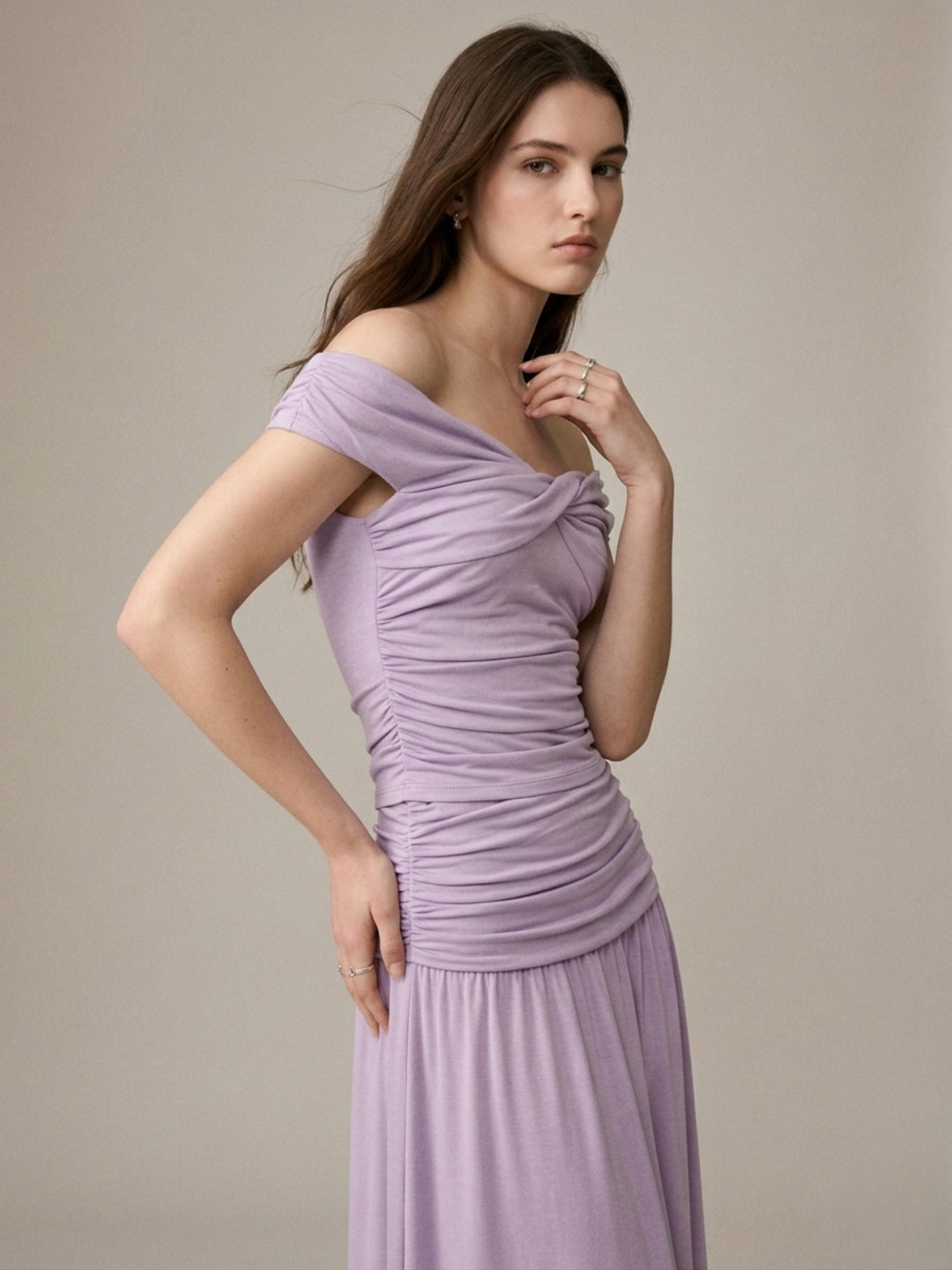 Lavender Off Shoulder Drop Waist Co-Ords