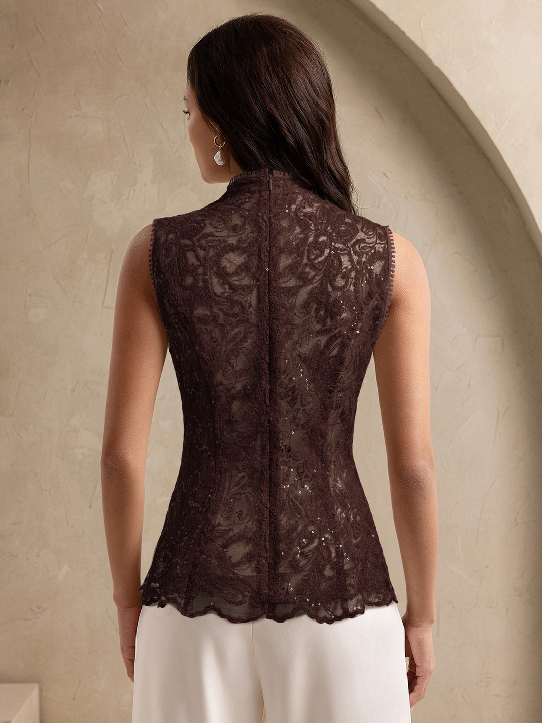 Brown Lace Mock Neck Top