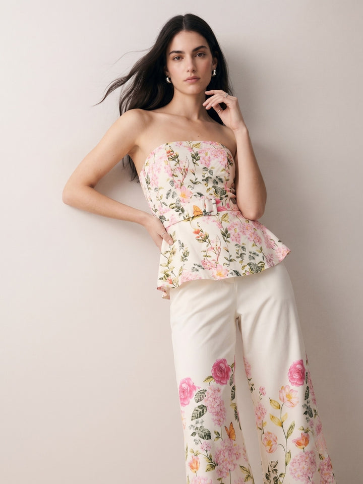 Off White Floral Printed Off Shoulder  Co-Ord Set With Belt