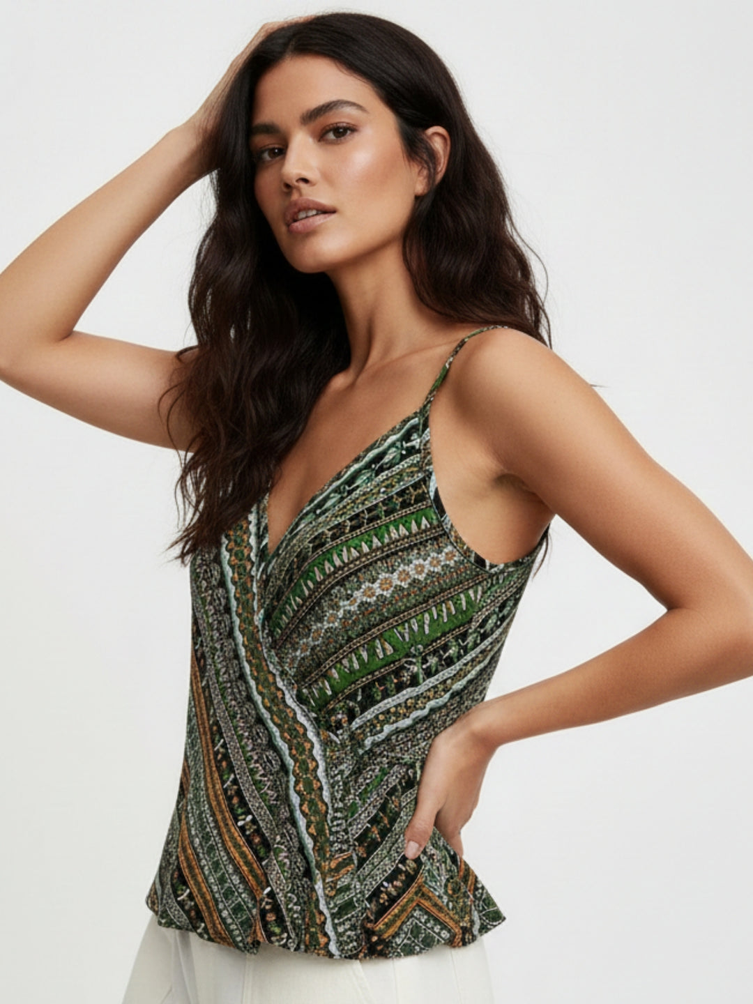 Green Spaghetti Strap Printed Top