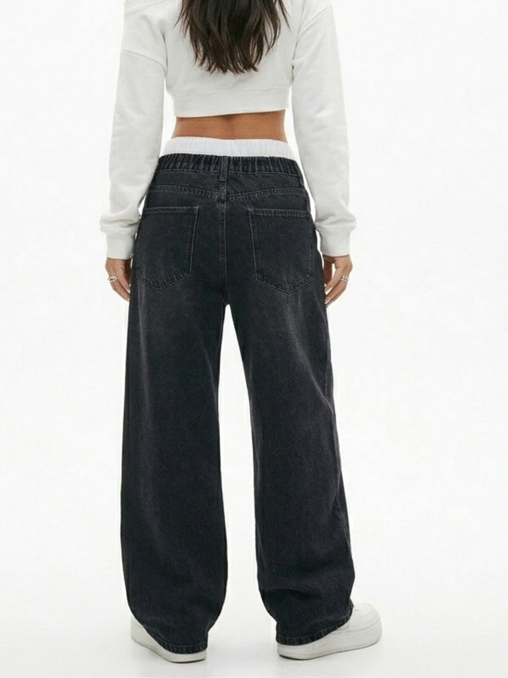 Black Contrast Waist Band Denim
