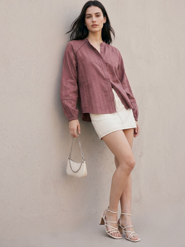 Purple Relaxed Fit Long Sleeves Embroidered Shirt